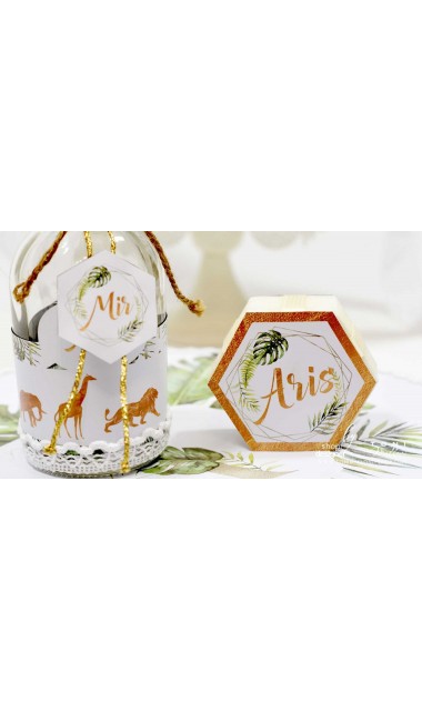 Trusou de botez cu animale gold din jungla si pattern frunze palmier Gold Jungle Tropical 26